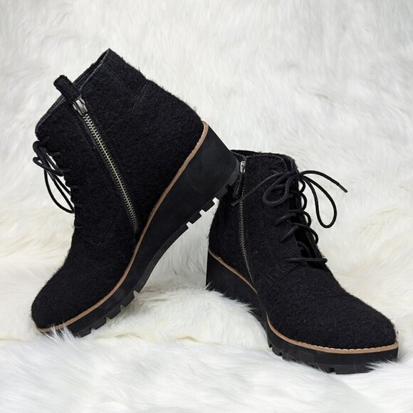 Eileen Fisher Crew Felted Lace-Up Bootie black wool comfy wedge - Main Image